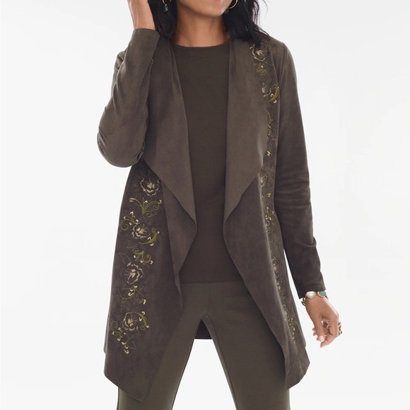 Chico's Jackets & Coats Chicos Olive Green Faux Suede Floral